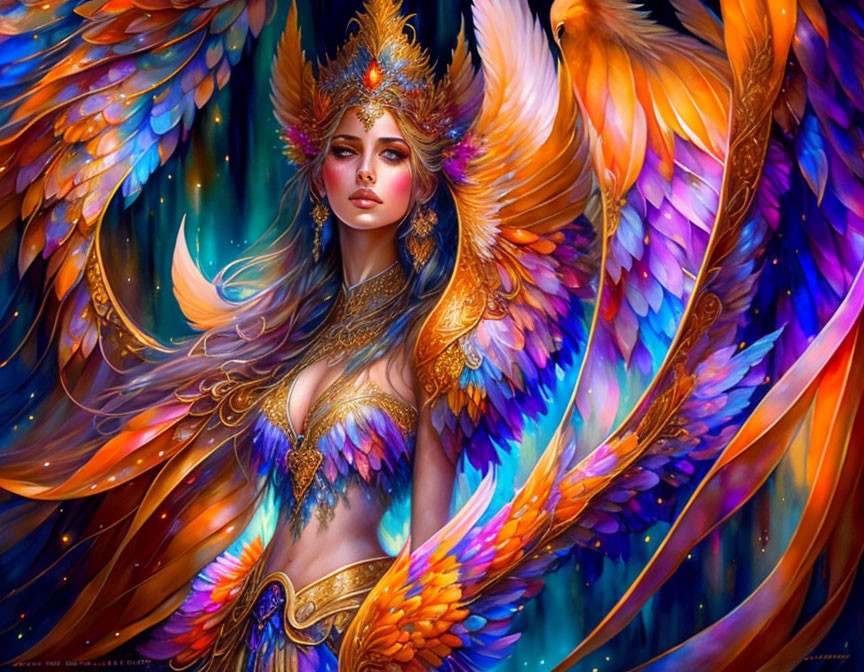 Colorful winged woman with golden headpiece in vibrant feather swirl