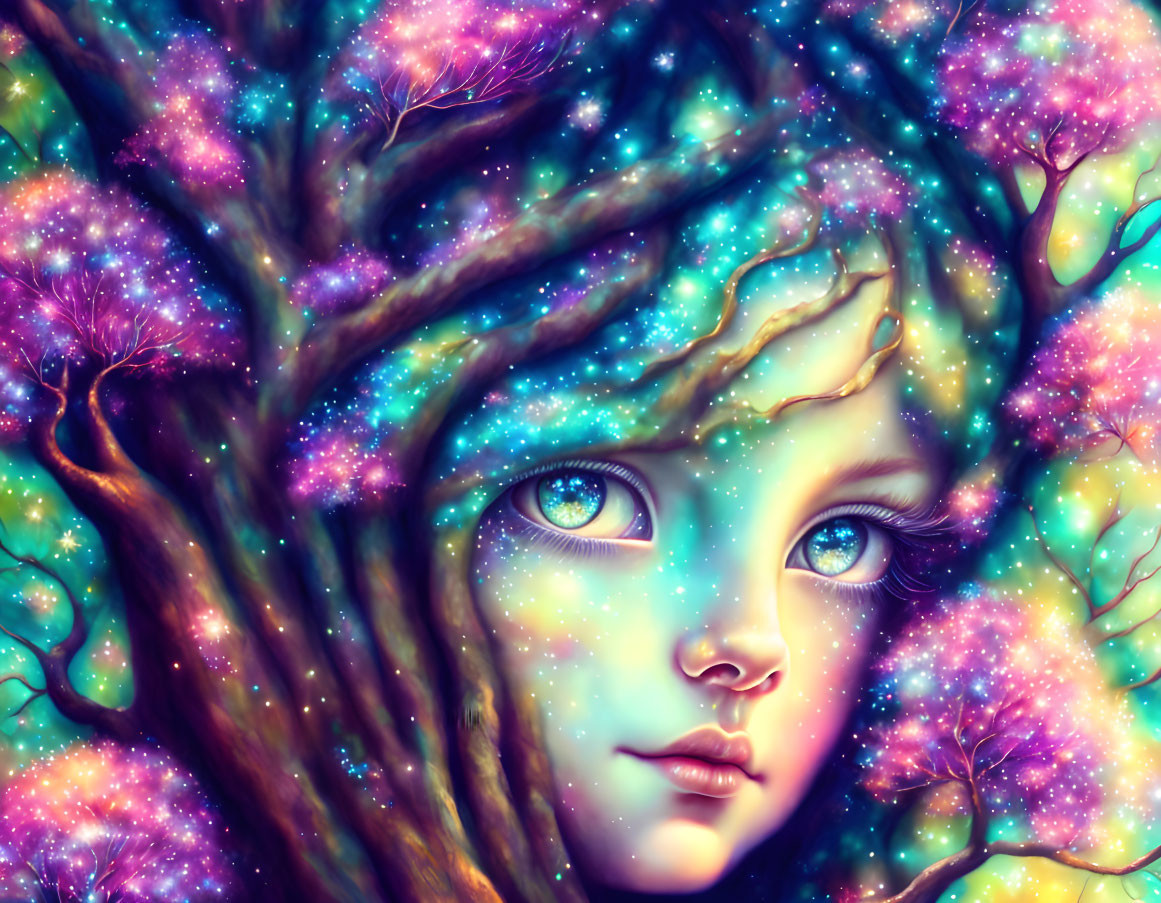 Cosmic-themed illustration of a feminine face merging with nature elements