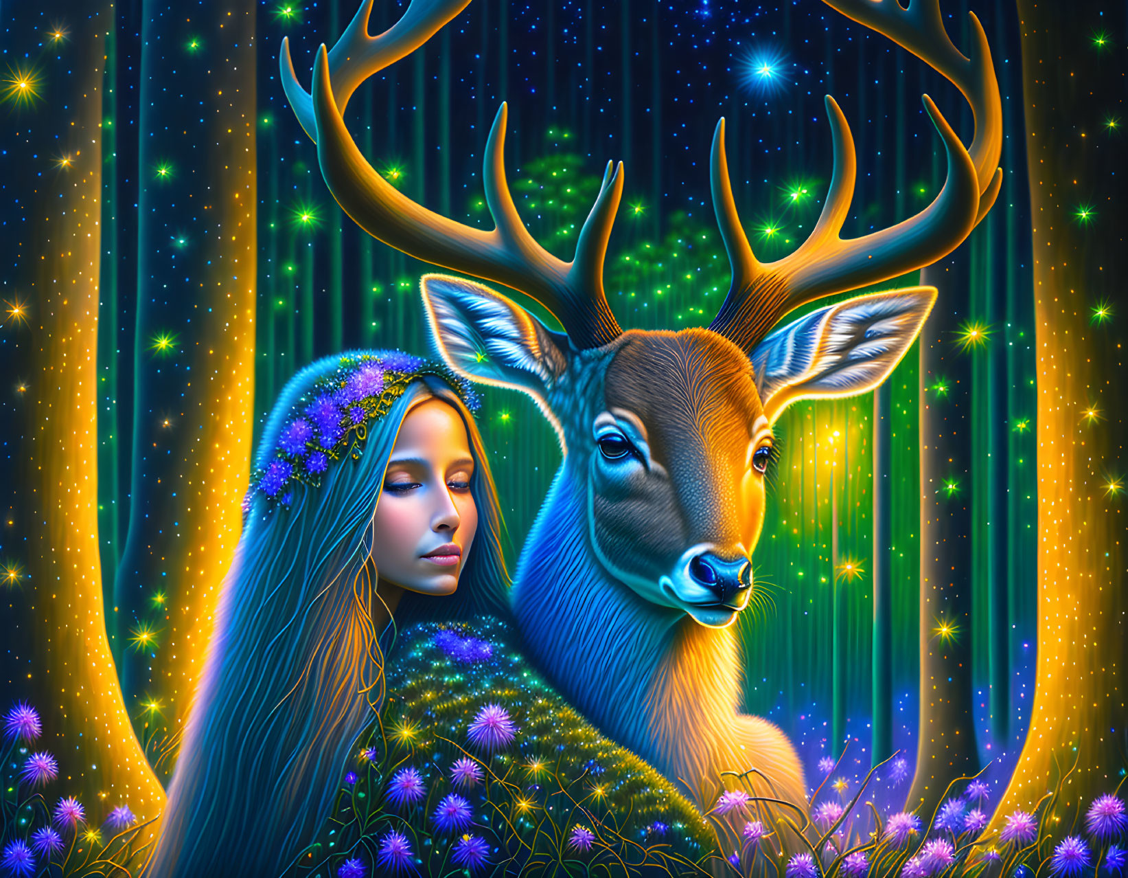 Illustration of woman with floral deer on vibrant starry background