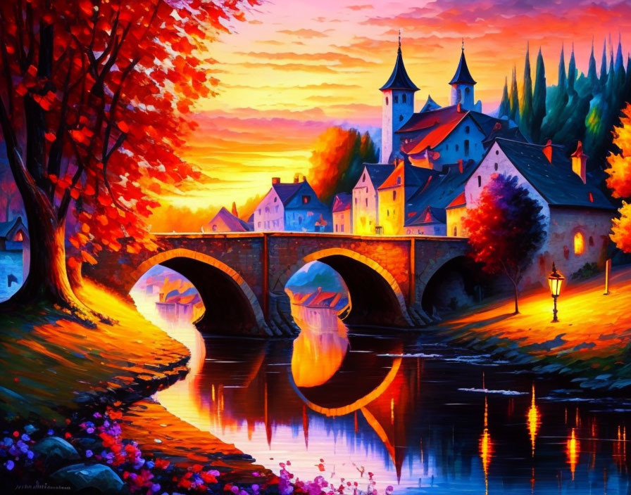 Scenic village painting: sunset, stone bridge, autumn trees, castle.