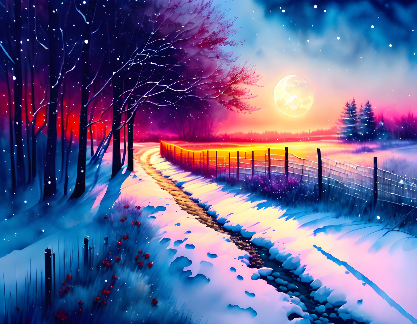 Digital artwork: Snowy path, fence, trees under starry sky, full moon, purple-p