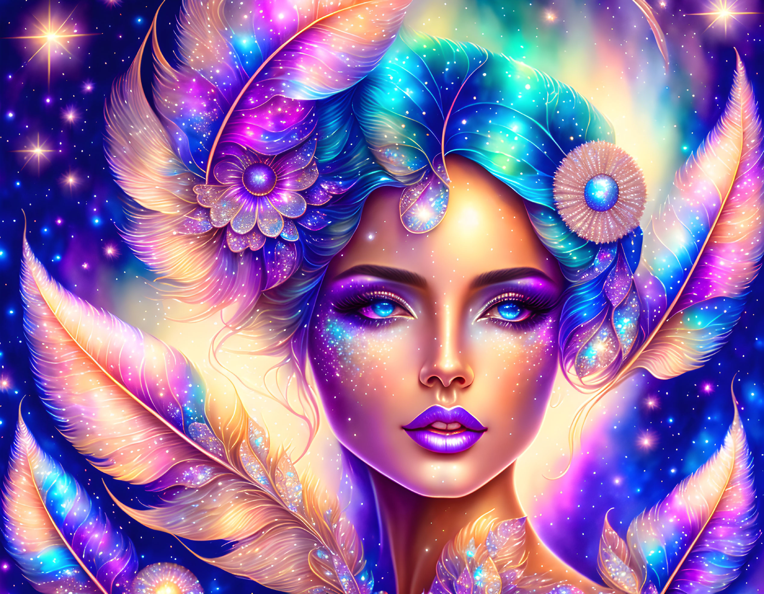 Colorful illustration of woman with feathers and flowers on cosmic backdrop