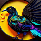 Colorful Stylized Bird Artwork on Yellow and Dark Background