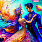 Vibrant illustration of fantastical couple in ornate costumes on blue background