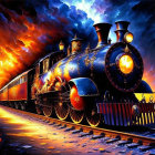 Ornate vintage train illustration with gold details on fiery sky backdrop