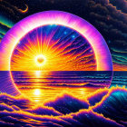 Surreal sunset digital art with ring structure, ocean, clouds, star-filled sky