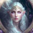 Ethereal elf with pointed ears and silver hair in golden tiara, surrounded by violet flowers and