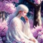 Illustrated angel under pink blossoming trees in contemplation