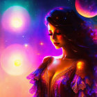 Digital artwork of woman in galaxy-themed attire with flowing hair against cosmic backdrop