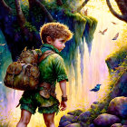 Young Explorer in Vibrant Mystical Forest with Waterfalls