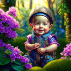 Smiling baby in blue outfit and helmet among vibrant flowers