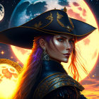 Fantasy pirate woman with tricorn hat in cosmic setting