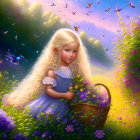 Curly Blonde Girl in Flowery Meadow with Birds and Butterflies