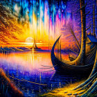 Digital artwork of Viking ships on serene lake at sunset