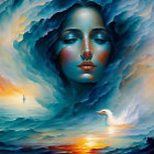 Surreal artwork: female face merges with vibrant seascape