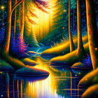 Colorful fantasy forest with glowing lights and star-like sparkles