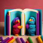 Open book with 3D Muppet-like characters and colored pencils on pink background