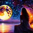 Woman by Lake Under Colorful Moon and Starry Sky