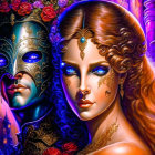 Colorful digital art: Masked couple in Venetian masquerade setting