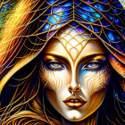 Colorful digital artwork: Woman with peacock feather hair & golden face patterns