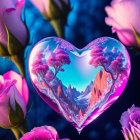 Heart-shaped mountain landscape with pink trees and roses on blue background