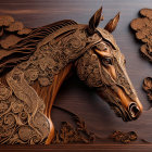 Intricate Wooden Carving of Horse's Head with Floral Patterns