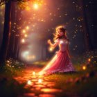 Mystical female figure in starry gown by forest stream