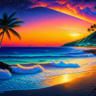 Tropical Beach Sunset with Palm Trees & Thatched Hut
