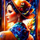 Vibrant painting of a woman in elegant attire with hat in stylized setting