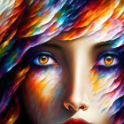 Colorful portrait: Woman with orange eyes and rainbow hair.
