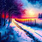 Digital artwork: Snowy path, fence, trees under starry sky, full moon, purple-p