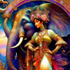 Colorful Artwork: Woman in Traditional Attire with Elephant and Celestial Background