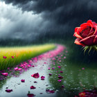 Vibrant red rose petals on wet path under stormy sky