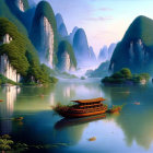 Tranquil river landscape with traditional boats and misty karst mountains