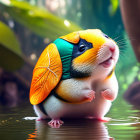 Colorful chubby rodent with leaf ear in water