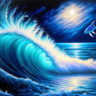 Colorful digital artwork: Blue wave, fish jumping under starry sky