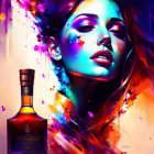 Colorful digital artwork: Woman's face with abstract elements and bottle of alcohol