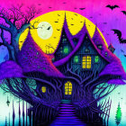 Illustration of haunted house with purple trees, bats, and full moon