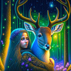 Illustration of woman with floral deer on vibrant starry background