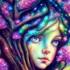 Cosmic-themed illustration of a feminine face merging with nature elements