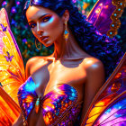 Colorful artwork of a woman with butterfly wings in iridescent attire and butterfly earrings