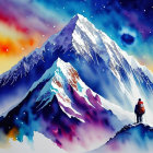 Colorful digital painting of person admiring snow-capped mountain under starry sky