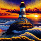 Colorful sunset lighthouse painting with crashing waves on cliff