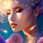 Digital artwork: Woman with golden facial adornments, butterflies, and flowers.