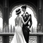 Monochrome wedding illustration: elegant couple embracing on balcony with cityscape backdrop