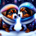 Adorable puppies in coats and hats in snowy scene