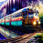 Colorful train on tracks by lake with mountains at sunset