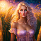 Blond Curly-Haired Woman in Purple Dress in Wheat Field at Sunset