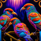 Colorful Birds with Detailed Feathers Perched on Branches in Mystical Setting