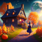 Person in Witch Costume Approaching Cozy Cottage in Autumn Night